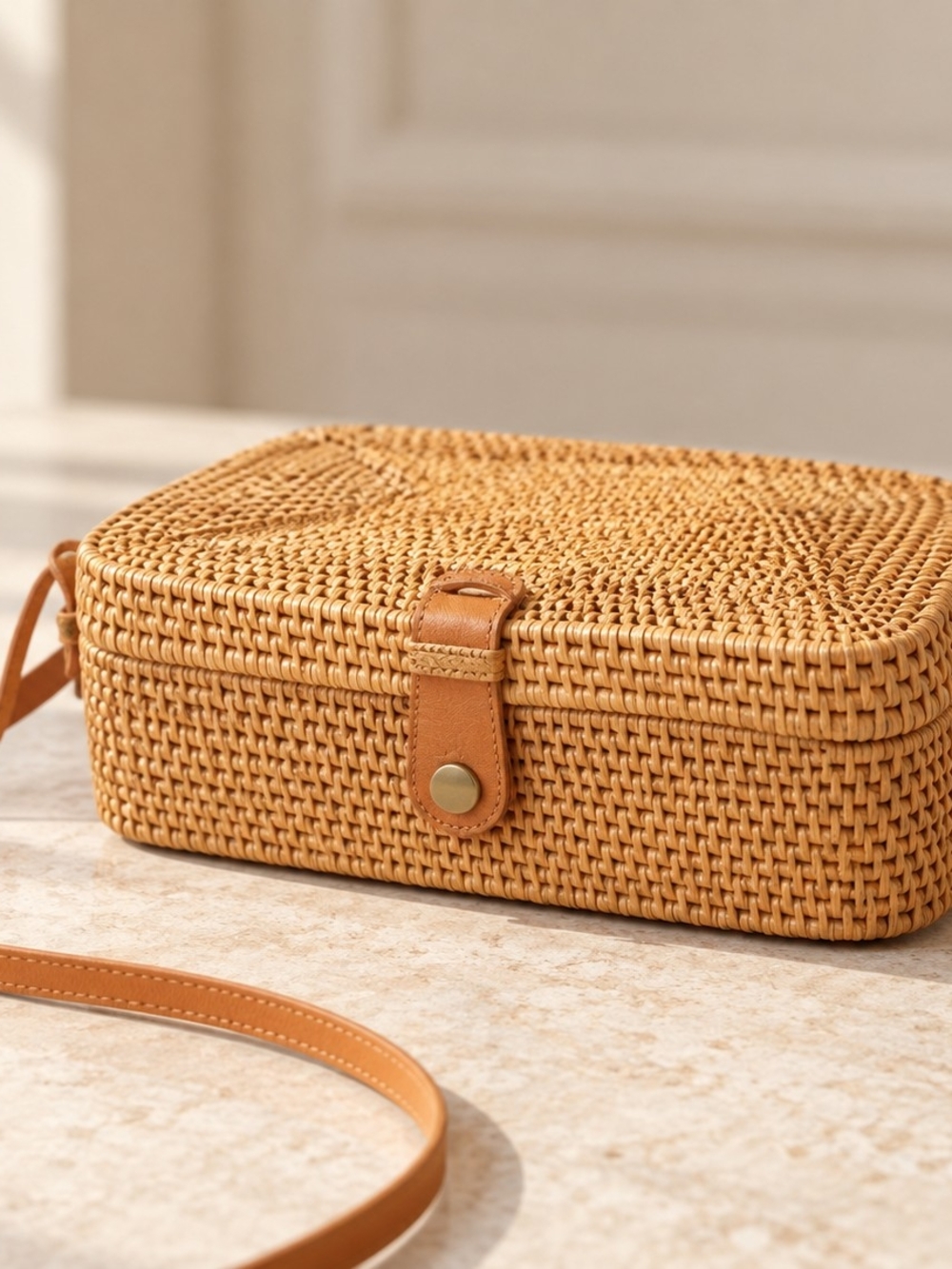 Woven Straw Crossbody Bag in Light Tan